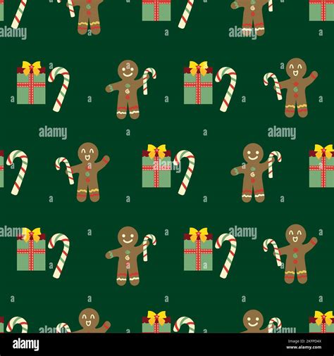 Cute gingerbread men, candy canes, presents seamless vector pattern ...