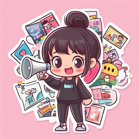 A cartoon girl holding a megaphone surrounded by stickers | Premium AI ...