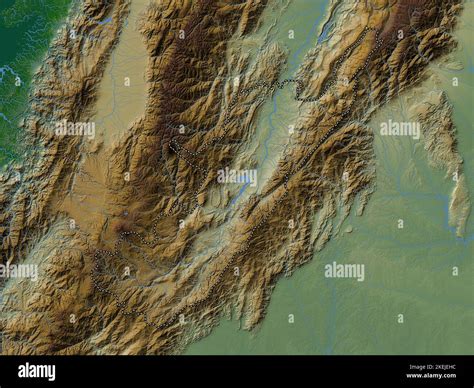 Huila, department of Colombia. Colored elevation map with lakes and rivers Stock Photo - Alamy