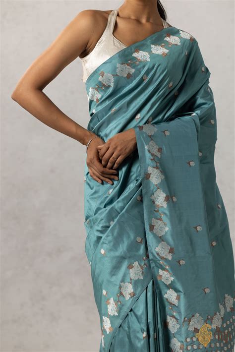 'Firoza' Dusty Blue Pure Katan Silk Banarasi Handloom Saree - Tilfi