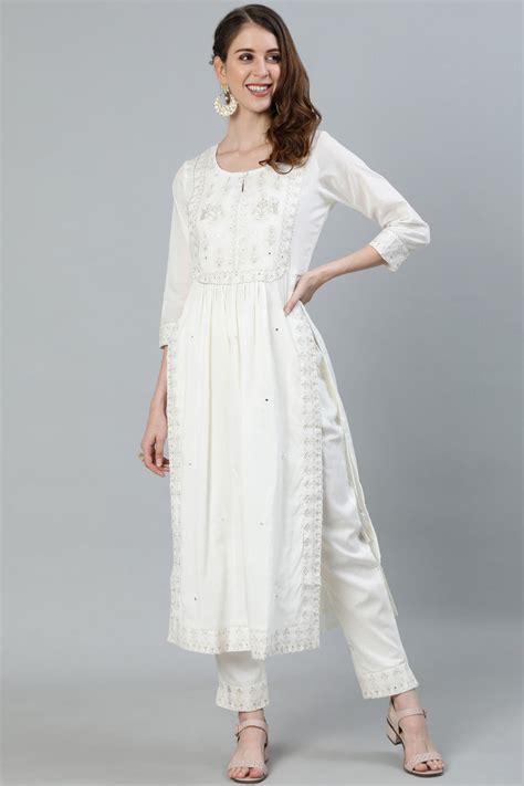 Buy Ishin Women's Off White Zari Embroidered High Slit Kurta With ...