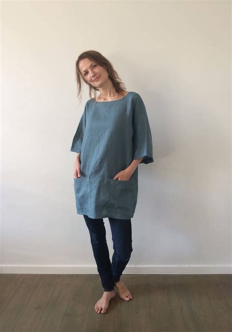 Blue Green Linen Tunic: Handmade European Linen Summer Top - Etsy