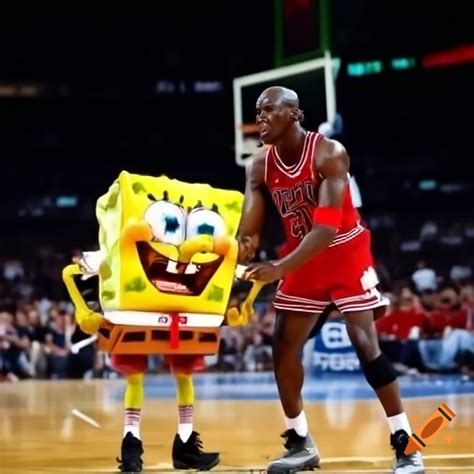 SpongeBob passing basketball to Michael Jordan on the court on Craiyon