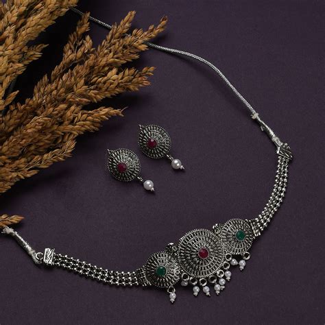 Buy SOHI Silver Toned Silver Plated Oxidised Jewellery (Set of 2) Online