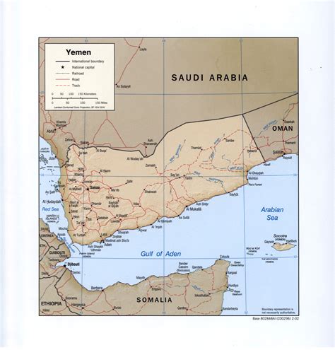 Large detailed political map of Yemen with relief, roads, railroads and major cities - 2002 ...