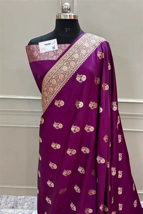 Purple Golden Flower Katan Silk Banarasi Saree – Mohsin Textiles