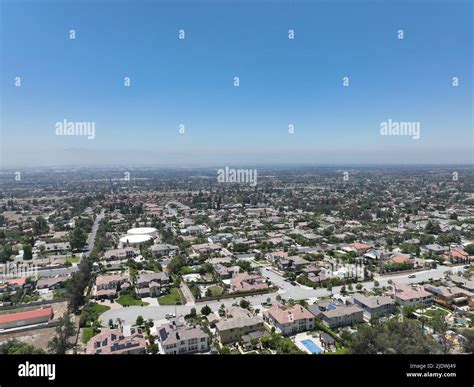 Aerial view of wealthy Alta Loma community and mountain range, Rancho ...