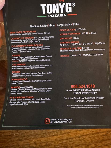 Menu at Tony G’s Pizzeria, Hamilton