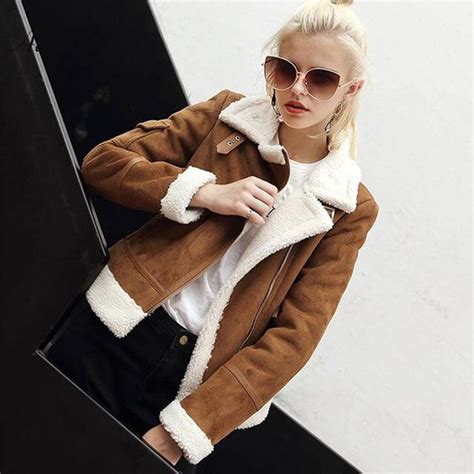 Women's Coat Faux Shearling Sheepskin Lamb Wool Locomotive Suede ...