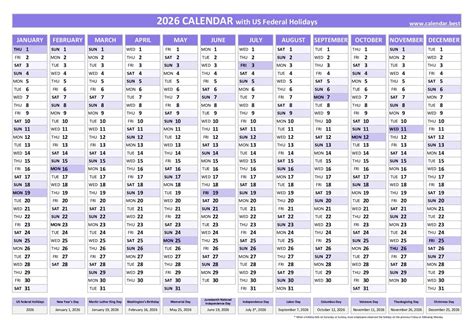 2026 Calendar For The USA, With US Federal Holidays