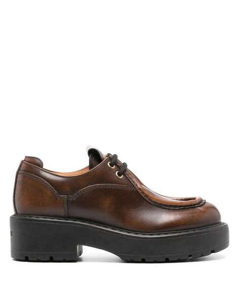 Miu Miu Logo-patch Leather Loafers in Brown | Lyst