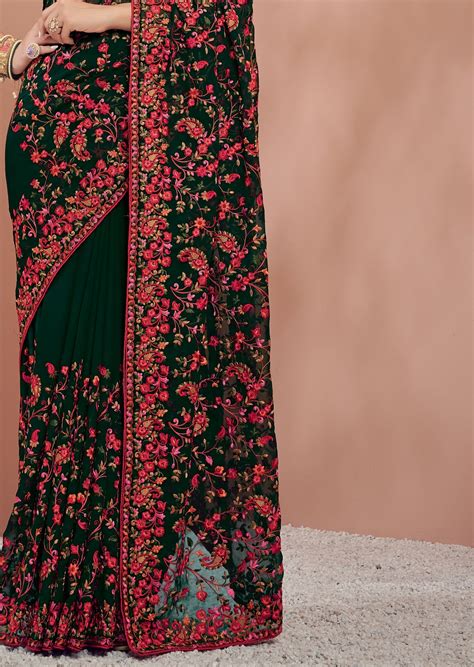 Kashmiri Kali Hand Embroidery Green Georgette Saree – Sunasa