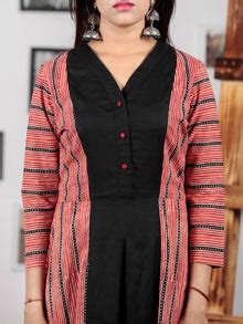 Black Red Hand Block Printed Cotton Rayon Long Dress With Centre Inver ...