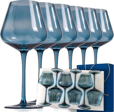 Amazon.com | CLUSIVC Blue Wine Glasses Set of 6 - Crystal Hand Blown ...