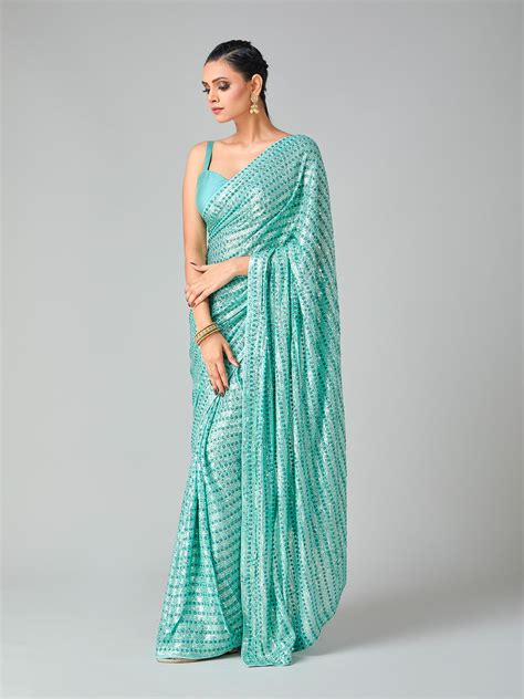 Rama Green Georgette Sequin Saree – Tirumala Designers