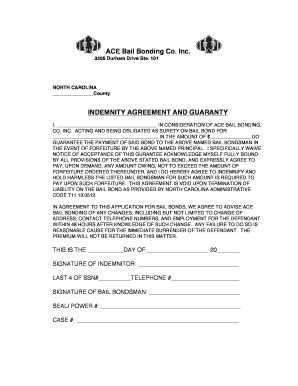 NC Ace Bail Bonding Indemnity Agreement - Blank Fillable Template ...