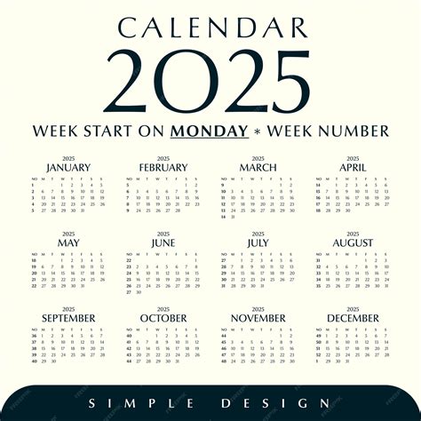간단한 달력 2025 템플릿 주일 번호 월요일부터 시작하는 주일 간단하고 최소한의 디자인 | 프리미엄 벡터