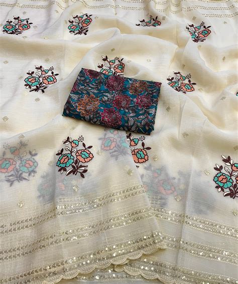 WhiteFlower Crunchy Silk Crush Embroidery Work Saree