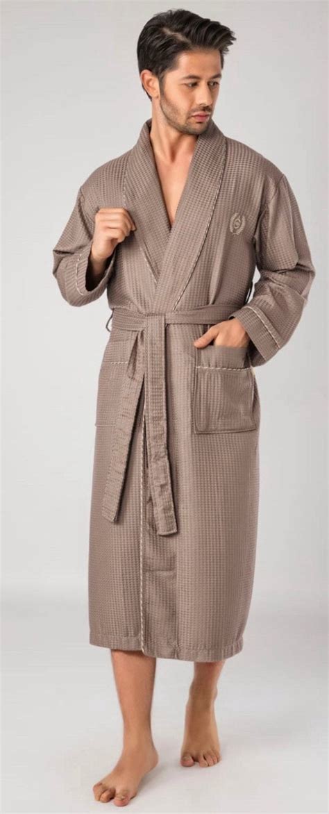 Luxurious Waffle Bamboo Bathrobe Navy/beige Mens Robe, Lightweight Spa ...
