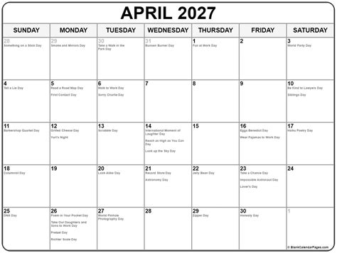 April 2027 with holidays calendar