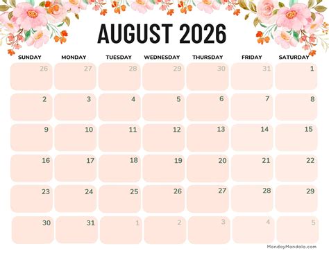 Blank August Calendar 2026 Printable