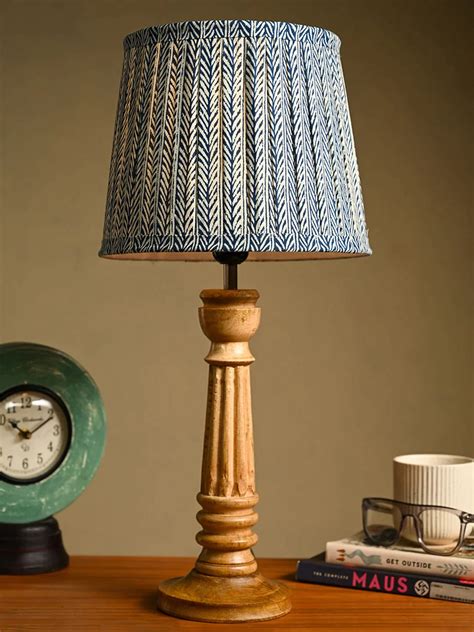 Buy Wooden Pillar Brown Lamp with Multicolor Grey Shade - Green Girgit