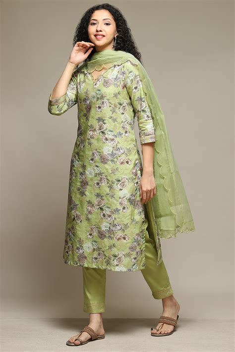 Green Cotton Blend Straight Kurta Pant Suit Set