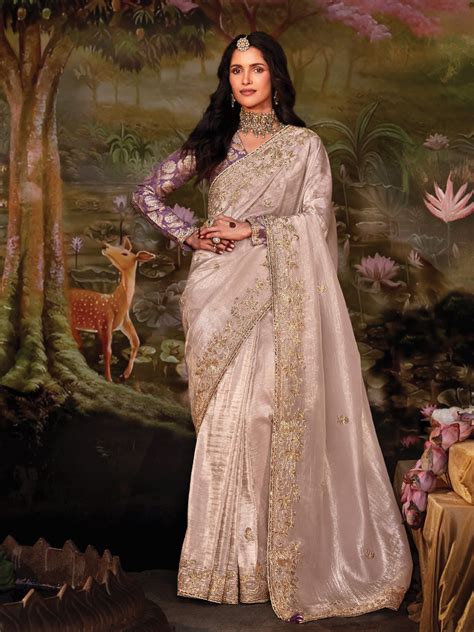 Champagne Aura Embroidered Silk Saree – Suvidha Fashion