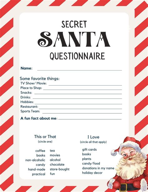 Secret Santa Questionnaire For Work Printable - Free