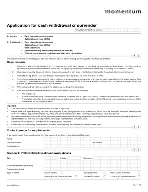 Momentum Cash Withdrawal or Surrender Application - Blank Fillable ...