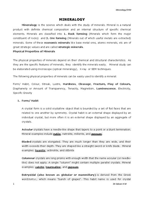 Mineralogy (1)-1 - MINERALOGY Mineralogy is the science which deals ...