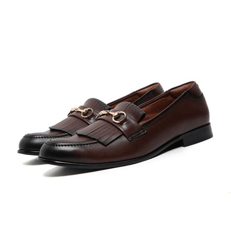 Gustoso Dark Tan Golden Horsebit Fringe Slip-On | Lusso Lifestyle