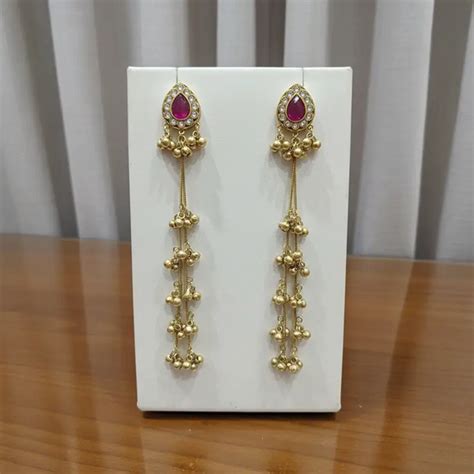 Shop Tanvi Pink Stone Long Kashmiri Gold Plated Jhumka Online