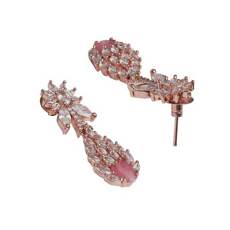 Pink and White Teardrop Zircons Embellished Rose Gold Toned Brass Jewe ...