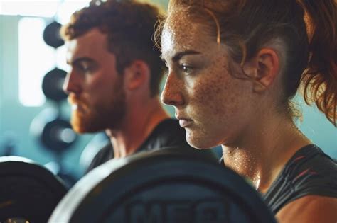Man and a woman lifting weights at the gym with sweat glistening on ...