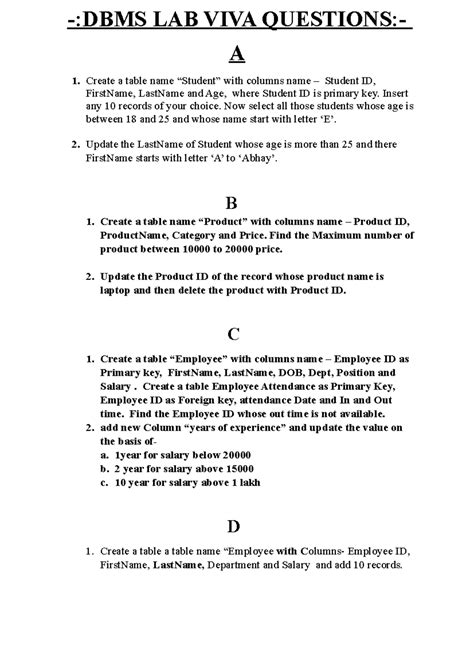DBMS LAB VIVA Questions -:DBMS LAB VIVA QUESTIONS:- A 1. Create a table ...