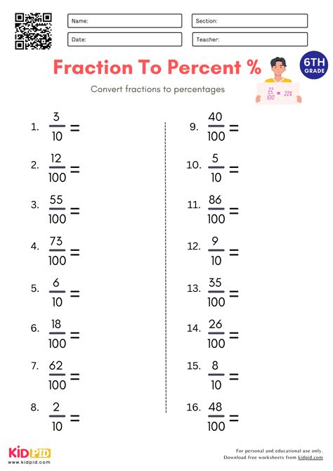 Percent to Fraction Math Worksheet for Grade 6 - Kidpid