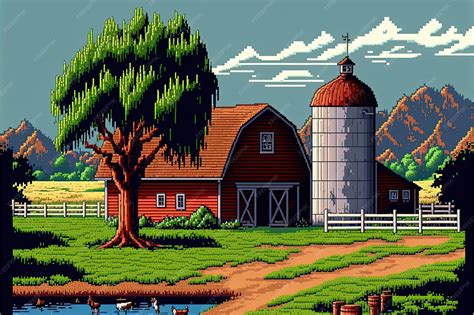 Premium AI Image | Pixel art of farm with barn silo fence and trees ...