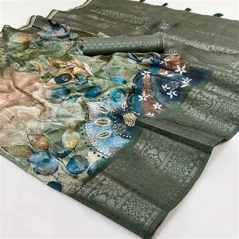 Stylish Cotton Silk Saree in Dusty Green with Digital Printed and Weav