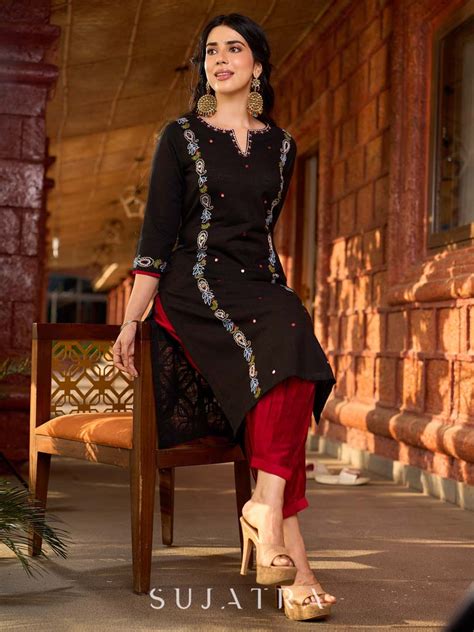 Classic Black Cotton Kurta with Intricate Paisley Embroidery – Sujatra