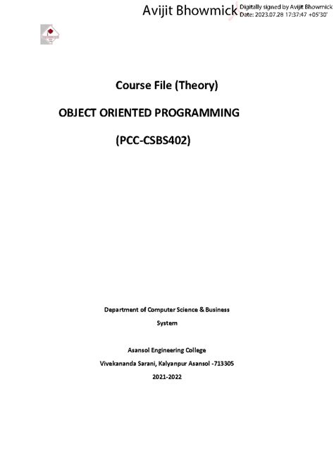 Object Oriented Programming (OOP) Theory - CSBS Course File - Studocu