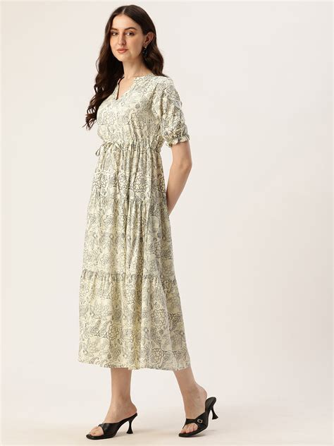 Beige & Black Floral Printed Waist Tie-Up Fit & Flare Midi Dress ...