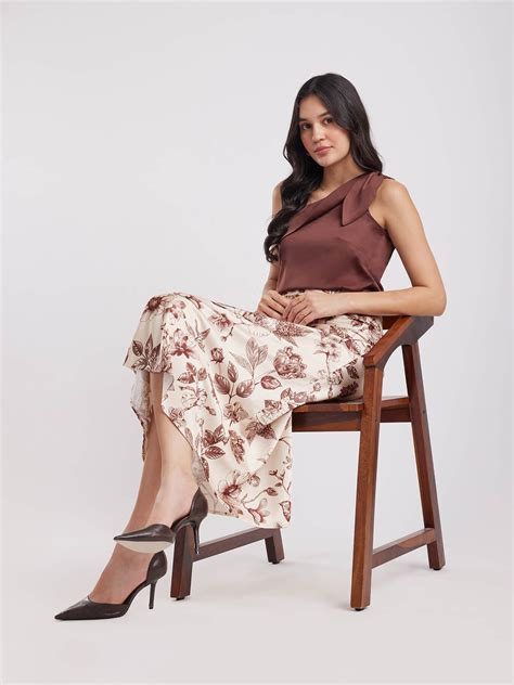 Buy Beige And Brown Satin Floral Skirt Online | FableStreet