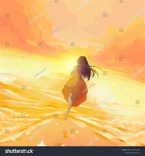 Anime Girl Running Into Sea Where Stock Illustration 2235772235 ...