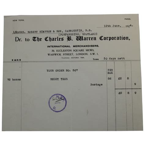 Lot Detail - 1924 Robert Simpson & Son Vendor Invoice from The Charles B. Warren Corp. for Tees ...