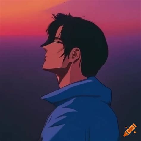 Close up portrait shot 80's anime handsome man, with brown hair wearing ...