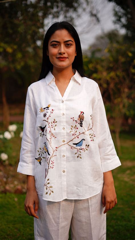 WHITE BIRD EMB LONG SHIRT – Linen Bloom store
