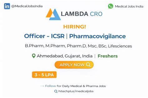 Lambda CRO Hiring Pharmacovigilance Officer – ICSR | Freshers Eligible
