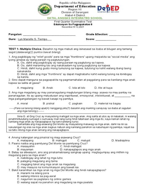 Image result for Answer Key Grade 8 ESP