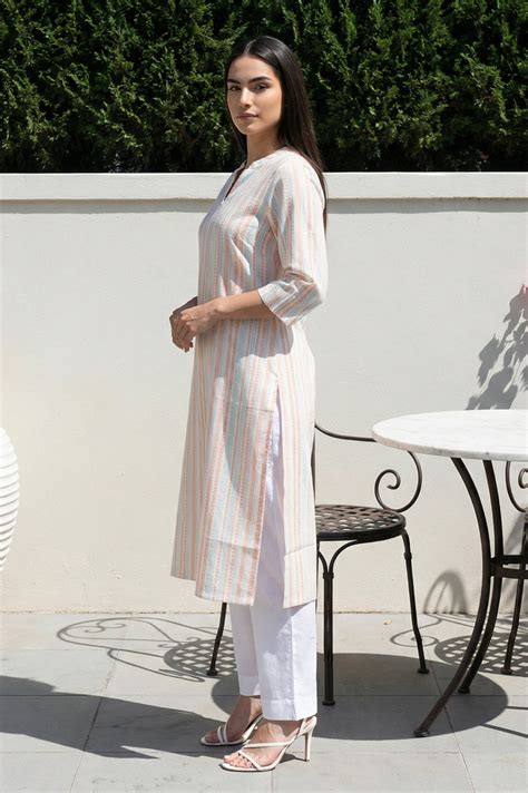 Buy Off White Striped Pure Cotton Straight Kurta Online for Woman ...